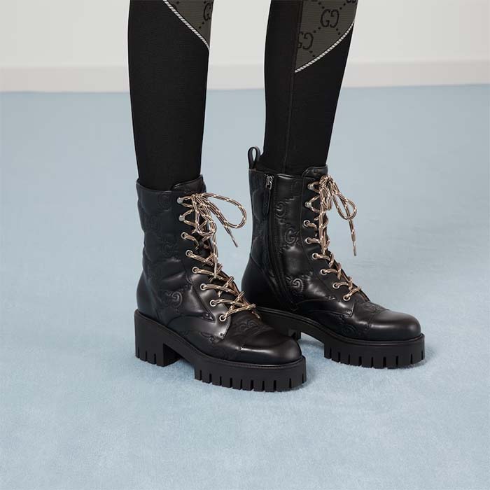 Gucci Women’s Matelassé Lace-Up Boot Black GG Matelassé Leather Low-Heel (10)