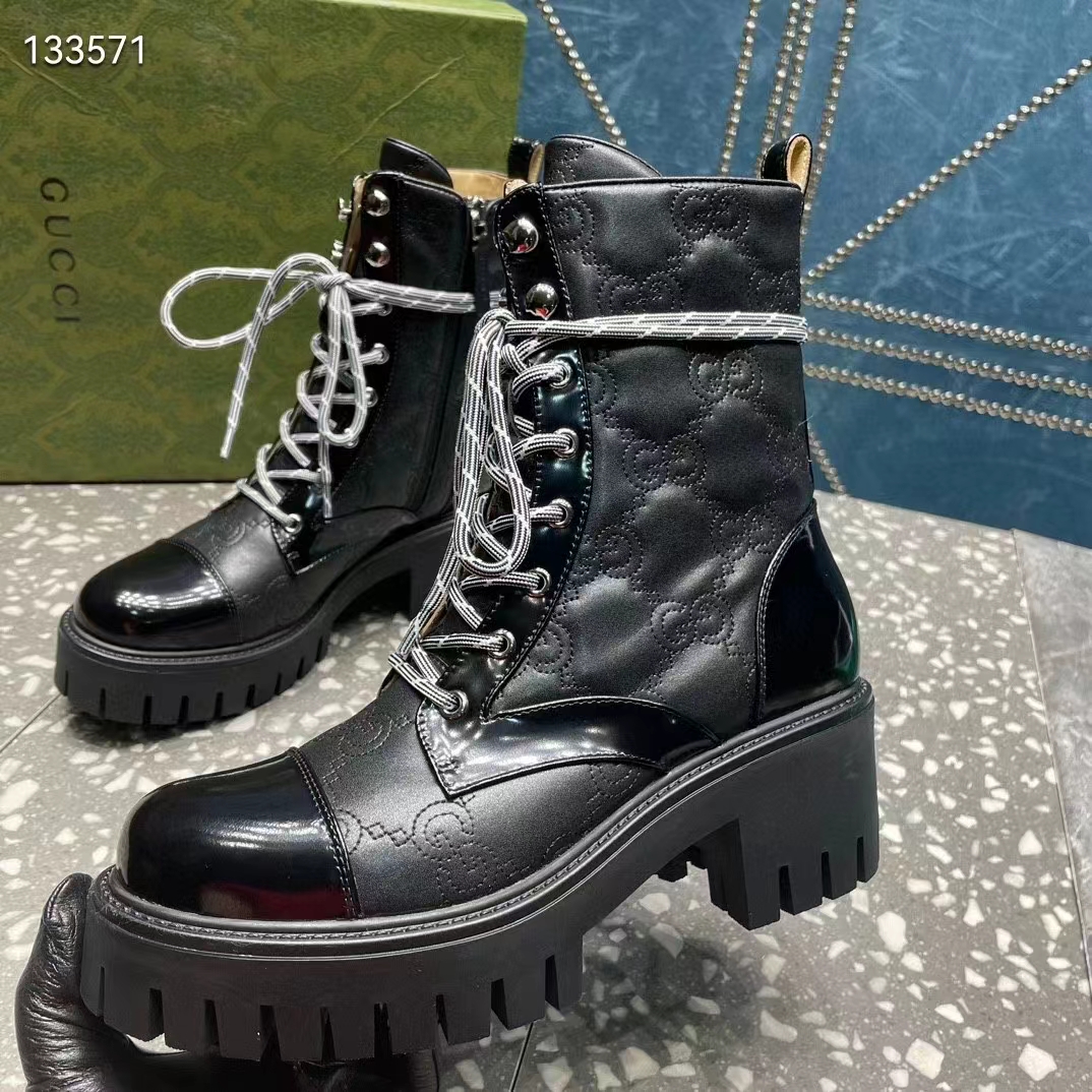 Gucci Women’s Matelassé Lace-Up Boot Black GG Matelassé Leather Low-Heel (3)