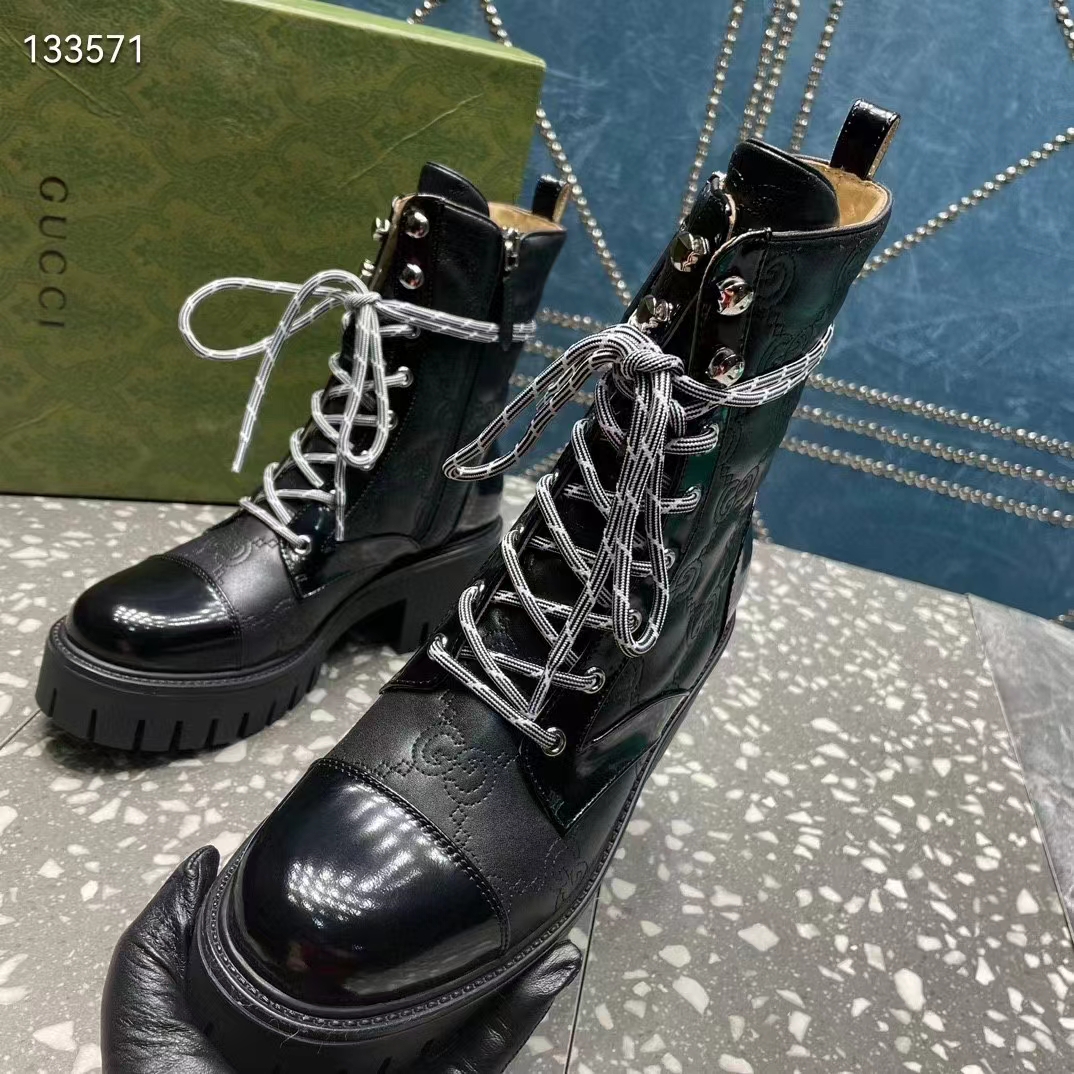 Gucci Women’s Matelassé Lace-Up Boot Black GG Matelassé Leather Low-Heel (8)
