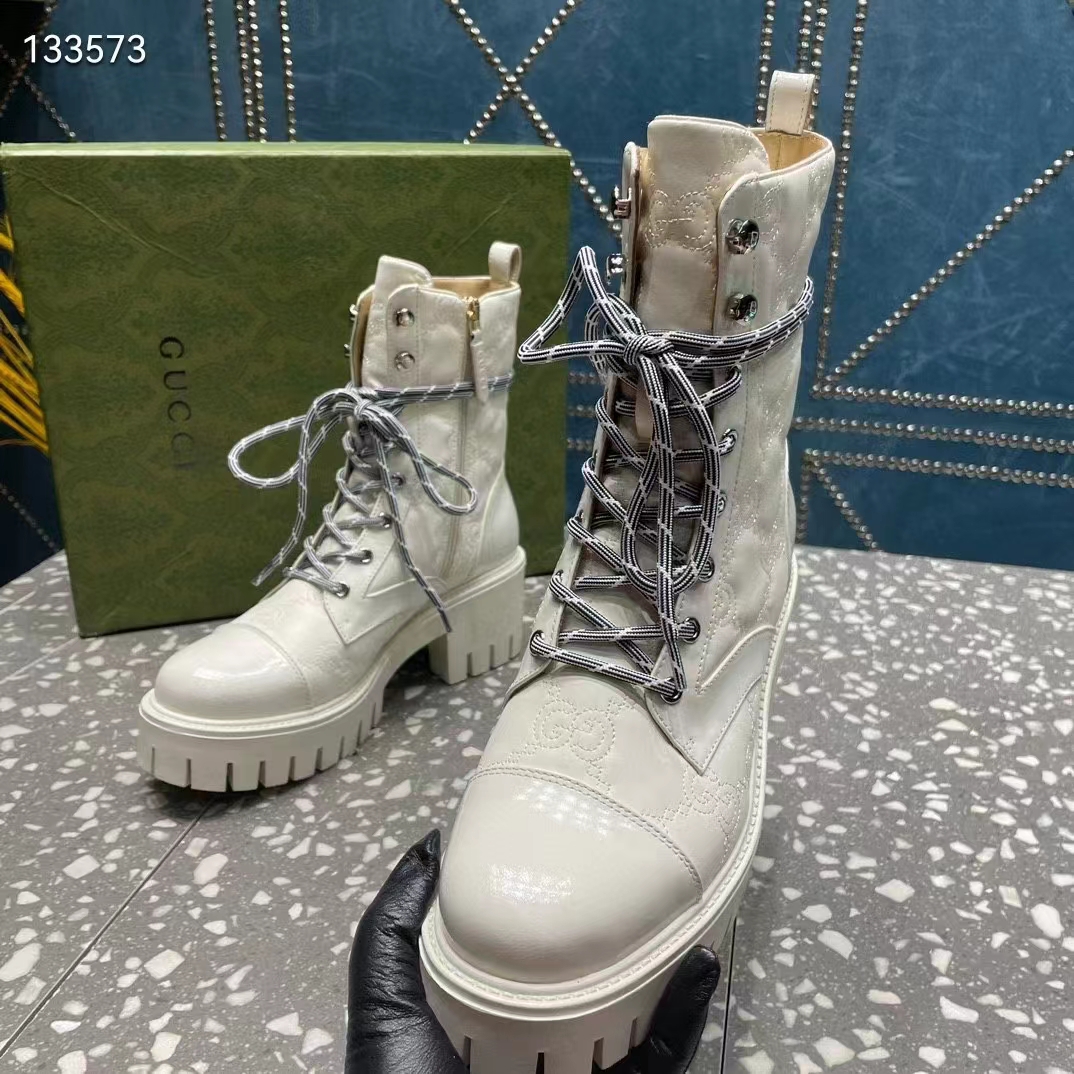 Gucci Women’s Matelassé Lace-Up Boot Off White GG Matelassé Leather Low-Heel (13)