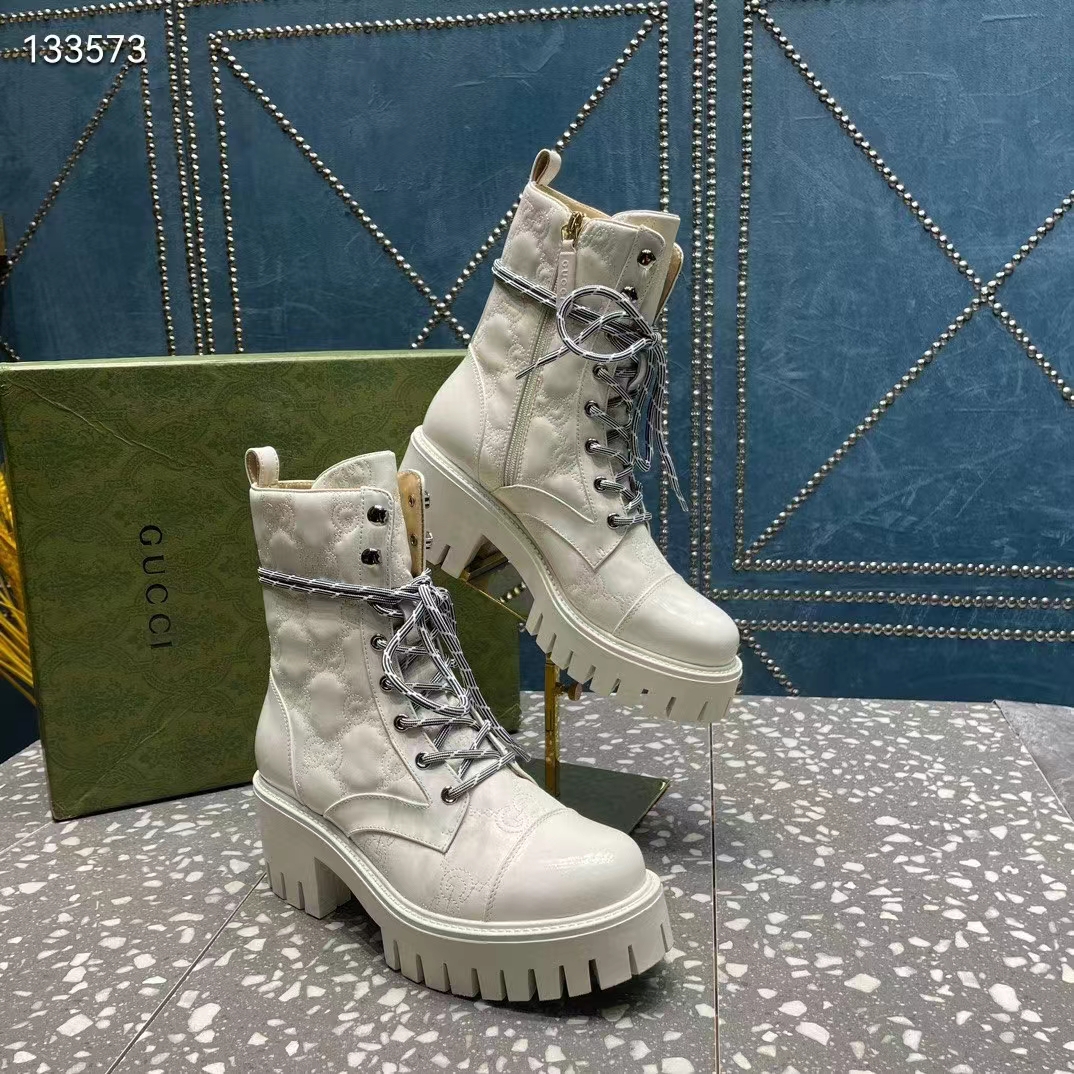 Gucci Women’s Matelassé Lace-Up Boot Off White GG Matelassé Leather Low-Heel (3)