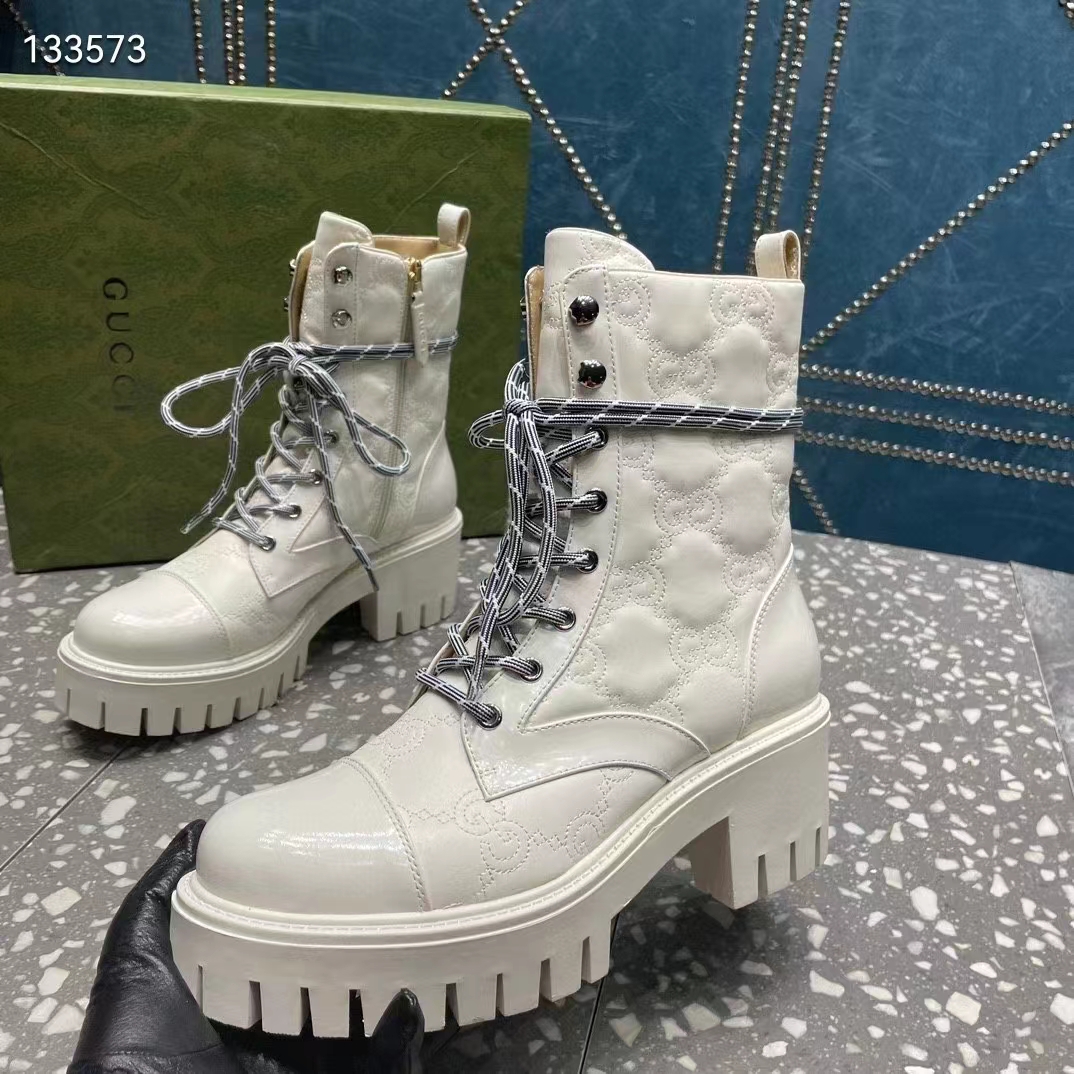 Gucci Women’s Matelassé Lace-Up Boot Off White GG Matelassé Leather Low-Heel (5)