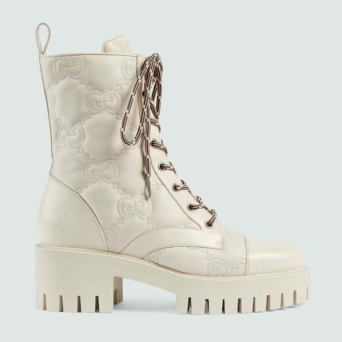 Gucci Women's Matelassé Lace-Up Boot Off White GG Matelassé Leather Low-Heel