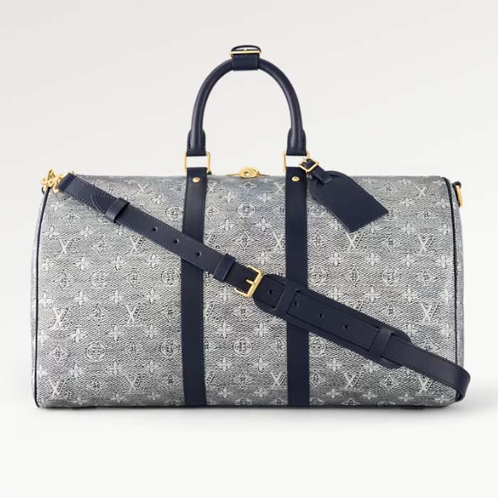 Louis Vuitton LV Unisex Keepall Bandoulière 45 Blue Monoglam Coated Canvas Cowhide Leather