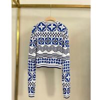 Louis Vuitton LV Women Monogram Flower Tile Jacquard Cropped Pullover Blue White Regular Fit