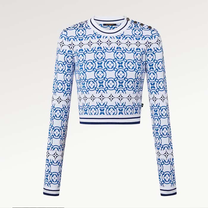 Louis Vuitton LV Women Monogram Flower Tile Jacquard Cropped Pullover Blue White Regular Fit