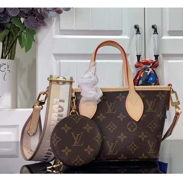 Louis Vuitton LV Women Neverfull BB Beige Monogram Coated Canvas Natural Cowhide Leather (8)
