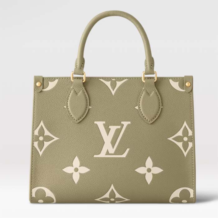 Louis Vuitton LV Women Onthego PM Light Khaki Cream Monogram Empreinte Embossed Grained Cowhide Leather