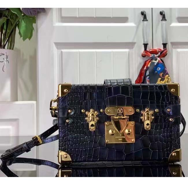 Louis Vuitton LV Women Petite Malle Handbag Saphir Blue Brilliant Niloticus Leather (8)