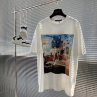 Louis Vuitton Men Printed Cotton T-Shirt Show Fit Ribbed Collar Milky White (8)