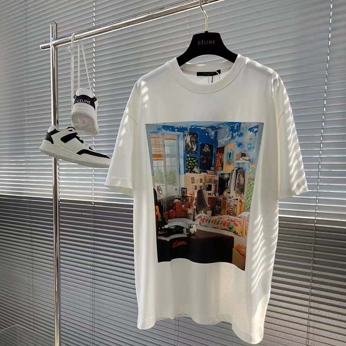 Louis Vuitton Men Printed Cotton T-Shirt Show Fit Ribbed Collar Milky White (3)