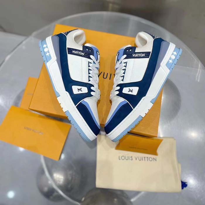 Louis Vuitton Unisex LV Trainer Sneaker Blue Nubuck Calf Leather Grained Monogram Flowers (11)