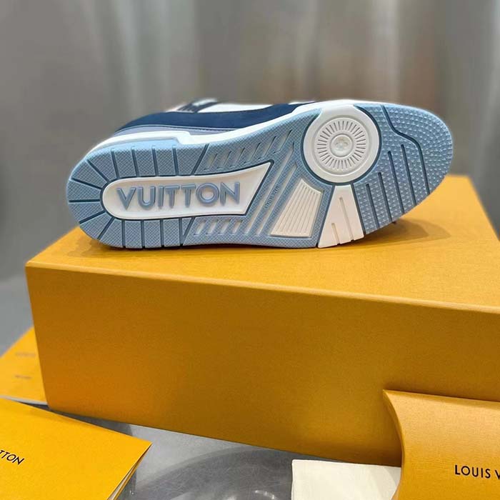 Louis Vuitton Unisex LV Trainer Sneaker Blue Nubuck Calf Leather Grained Monogram Flowers (3)
