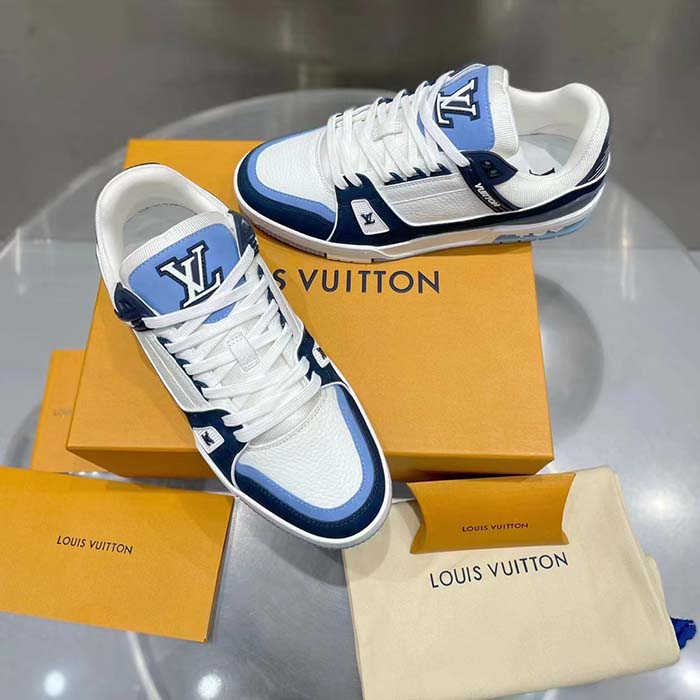 Louis Vuitton Unisex LV Trainer Sneaker Blue Nubuck Calf Leather Grained Monogram Flowers (6)