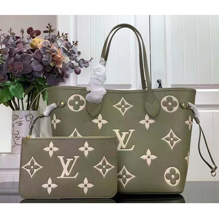 Louis Vuitton Women LV Neverfull MM Light Khaki Cream Monogram Empreinte Embossed Grained Cowhide Leather (1)