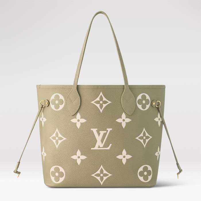 Louis Vuitton Women LV Neverfull MM Light Khaki Cream Monogram Empreinte Embossed Grained Cowhide Leather