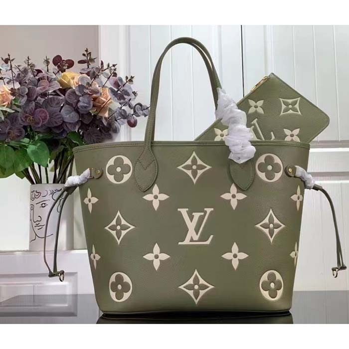 Louis Vuitton Women LV Neverfull MM Light Khaki Cream Monogram Empreinte Embossed Grained Cowhide Leather (6)