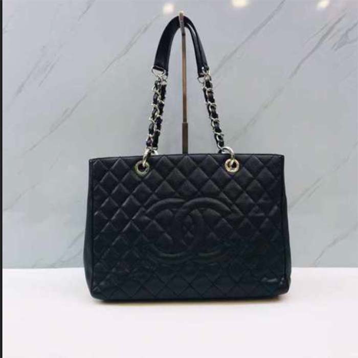 Chanel Women CC Shopping Bag Black Calfskin Leather Gold-Tone Metal (15)