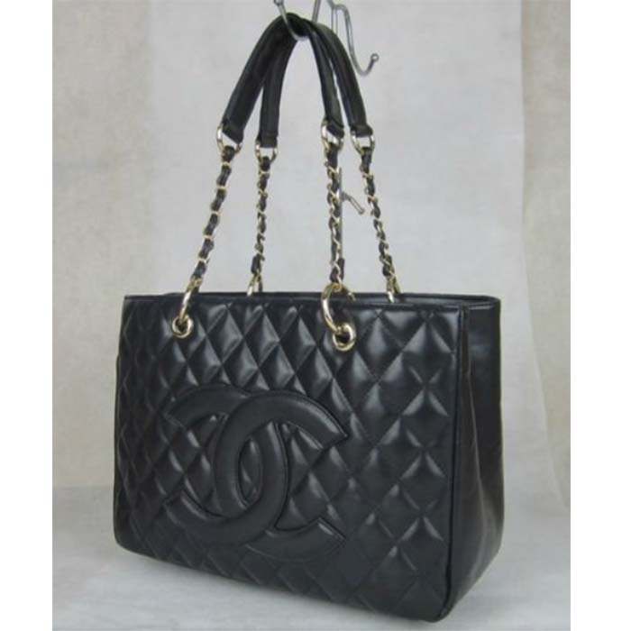 Chanel Women CC Shopping Bag Black Calfskin Leather Gold-Tone Metal (16)