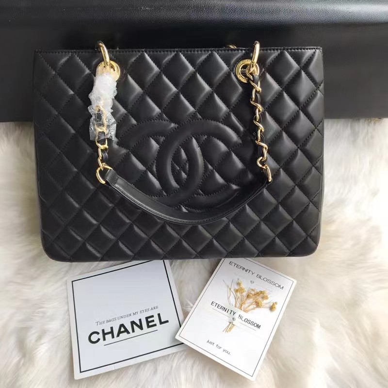 Chanel Women CC Shopping Bag Black Calfskin Leather Gold-Tone Metal (2)