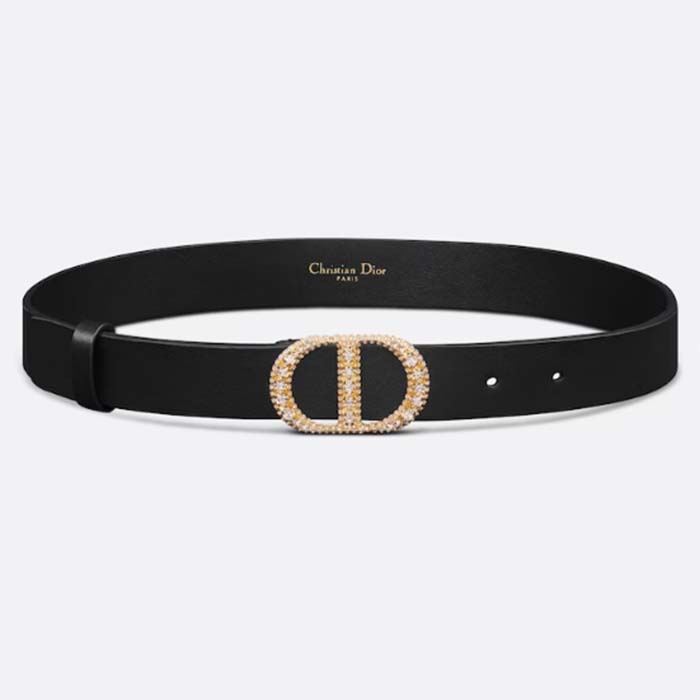 Dior Unisex CD 30 Montaigne Crystals Belt Black Smooth Calfskin Silver-Tone 27 MM Width