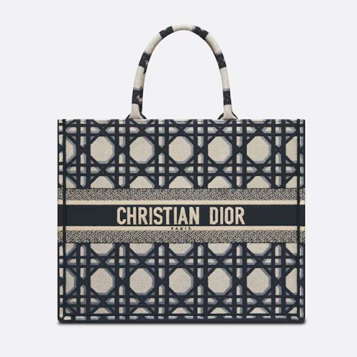 Dior Unisex CD Large Dior Book Tote Beige Blue Macrocannage Embroidery