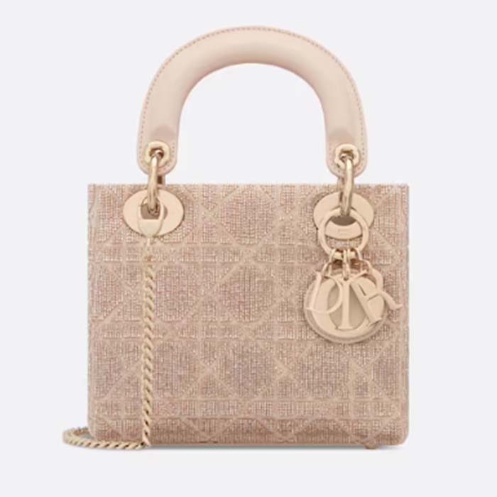 Dior Women CD Mini Lady Bag Caramel Beige Cannage Cotton Embroidered Micropearls