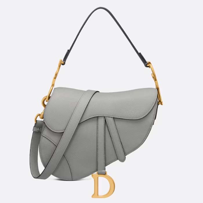 Dior Women Saddle Bag Strap Gray Grained Calfskin CD Signature Interior Back Pocket