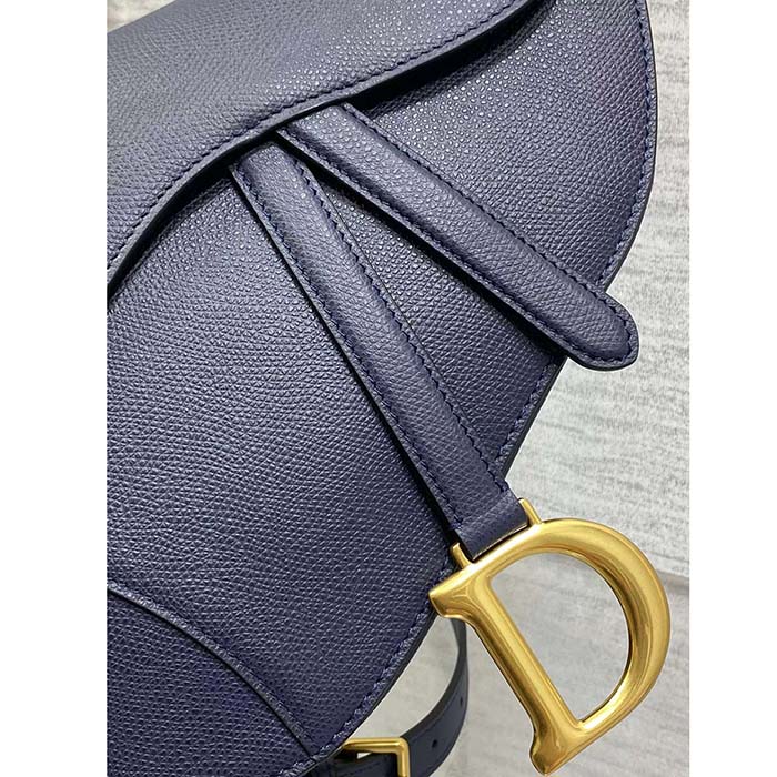 Dior Women Saddle Bag Strap Indigo Blue Grained Calfskin CD Signature Interior Back Pocket (10)