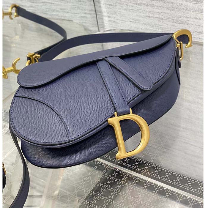 Dior Women Saddle Bag Strap Indigo Blue Grained Calfskin CD Signature Interior Back Pocket (3)