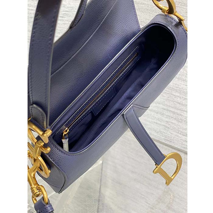 Dior Women Saddle Bag Strap Indigo Blue Grained Calfskin CD Signature Interior Back Pocket (5)
