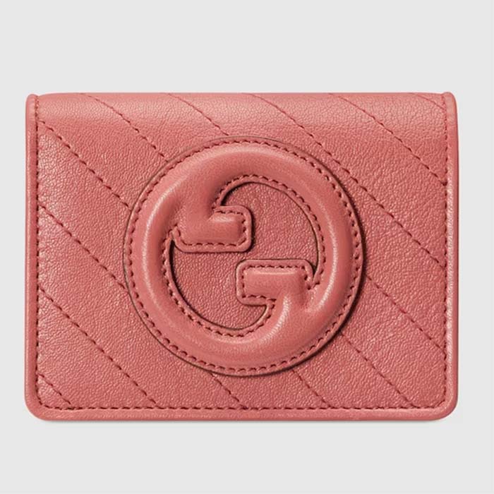 Gucci GG Unisex Blondie Card Case Wallet Pink Leather Taffeta Lining Round Interlocking G