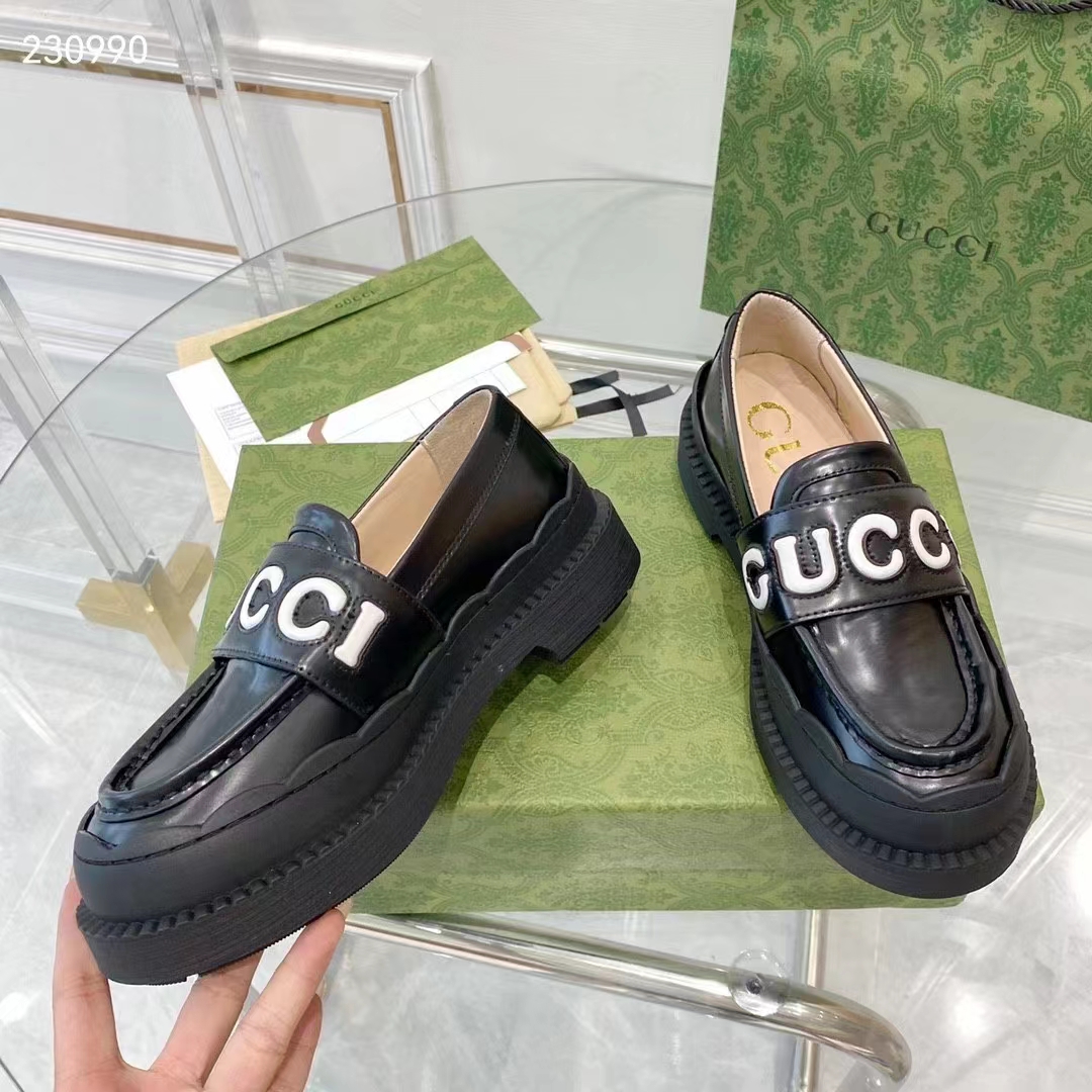 Gucci GG Women Gucci Loafer Black White Leather Scalloped Script Rubber Sole Mid-Heel (4)