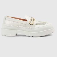 Gucci GG Women Gucci Loafer White Metallic Leather Scalloped Script Rubber Sole Mid-Heel (3)