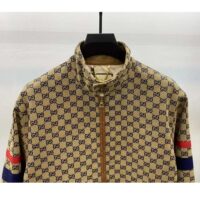 Gucci Men GG Cotton Canvas Zip Jacket Beige Blue Leather Lined Stand Collar Buttons (11)