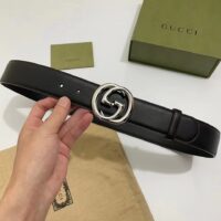 Gucci Unisex Blondie Belt Black Leather Round Interlocking G Buckle Palladium-Toned Hardware 4 CM Width (7)