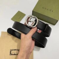 Gucci Unisex Blondie Belt Black Leather Round Interlocking G Buckle Palladium-Toned Hardware 4 CM Width (7)