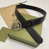 Gucci Unisex Blondie Belt Black Leather Round Interlocking G Buckle Palladium-Toned Hardware 4 CM Width (7)