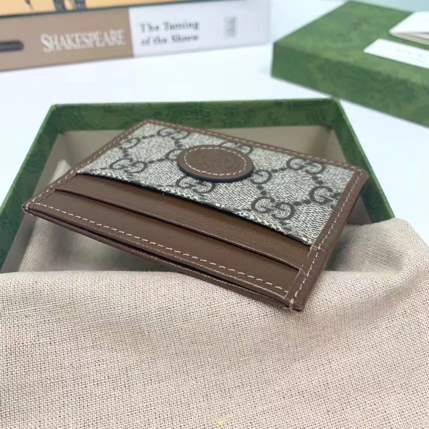 Gucci Unisex Card Case Interlocking G Beige Ebony GG Supreme Fabric Brown Leather (3)