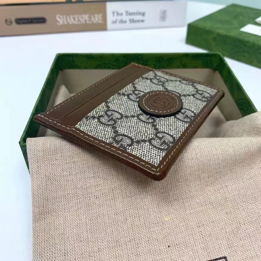 Gucci Unisex Card Case Interlocking G Beige Ebony GG Supreme Fabric Brown Leather (5)