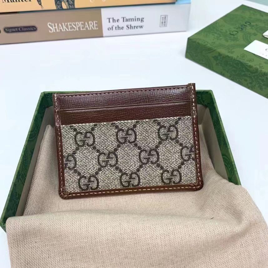 Gucci Unisex Card Case Interlocking G Beige Ebony GG Supreme Fabric Brown Leather (6)