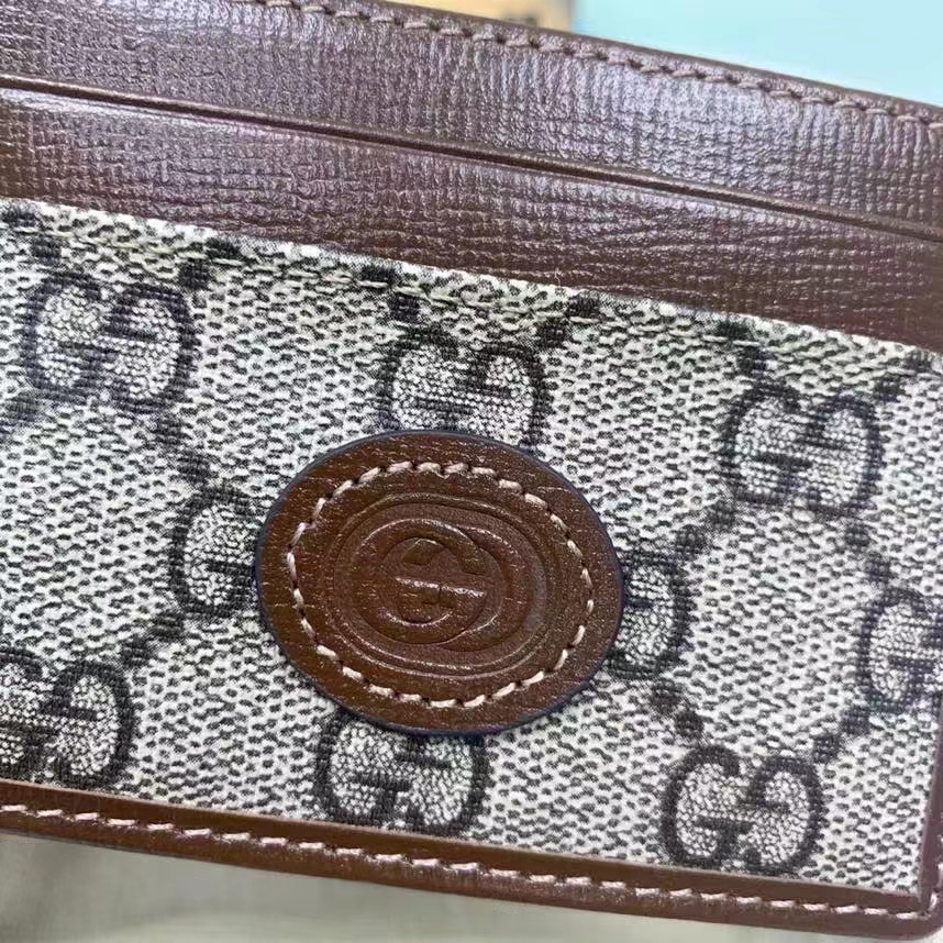 Gucci Unisex Card Case Interlocking G Beige Ebony GG Supreme Fabric Brown Leather (7)