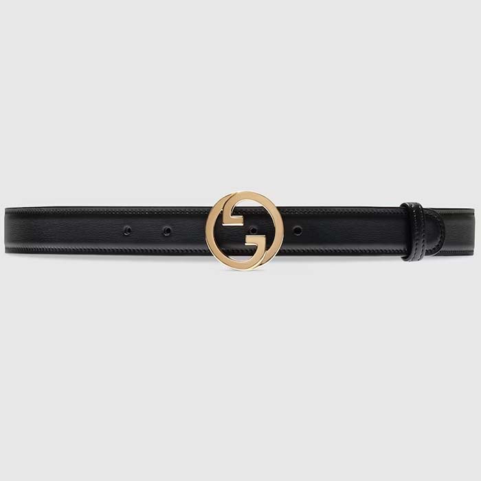 Gucci Unisex GG Blondie Belt Black Leather Round Interlocking G Buckle 3 CM Width