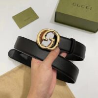 Gucci Unisex GG Blondie Belt Round Interlocking G Buckle Black Leather 4 CM Width (5)