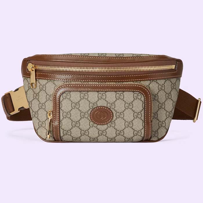 Gucci Unisex GG Large Belt Bag Beige Ebony GG Supreme Canvas Oval Interlocking G Leather