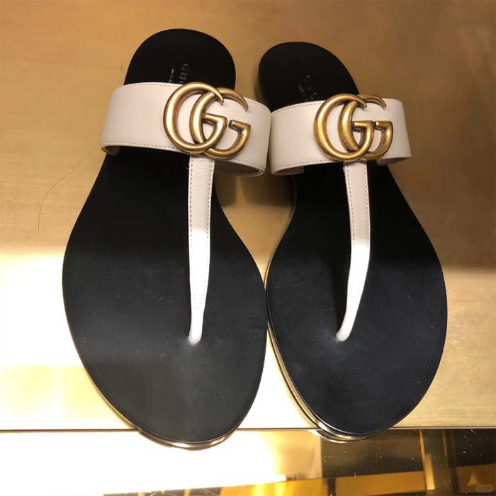 Gucci Unisex GG Leather Thong Sandal Double G White Leather Interlocking G Flat (1)