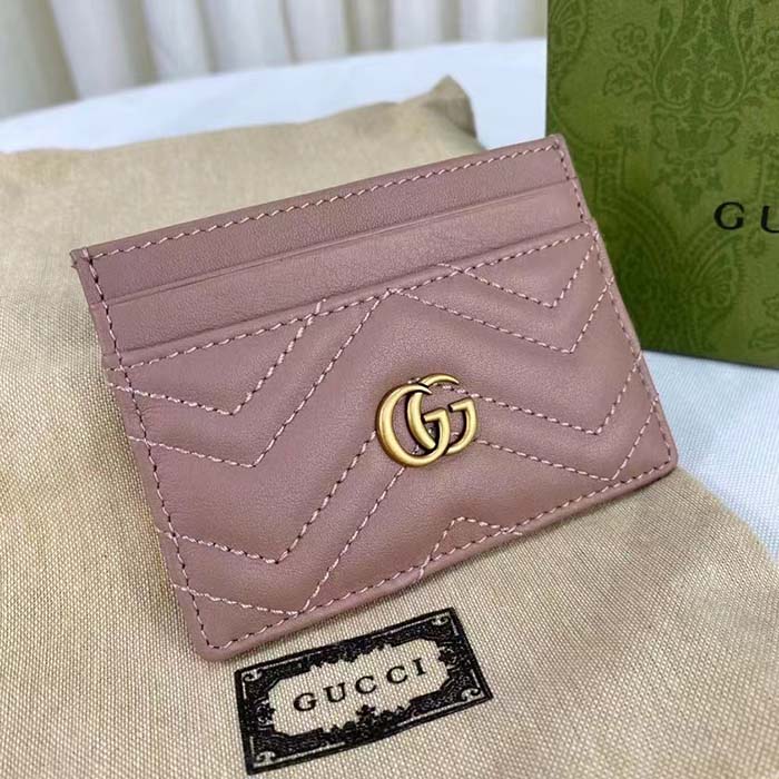 Gucci Unisex GG Marmont Matelassé Card Case Dusty Pink Chevron Leather Double G (4)