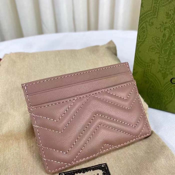 Gucci Unisex GG Marmont Matelassé Card Case Dusty Pink Chevron Leather Double G (6)