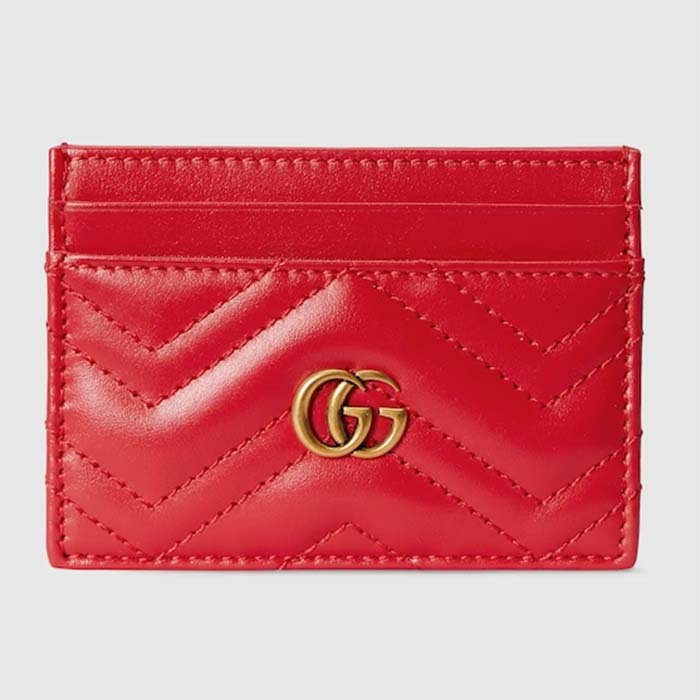 Gucci Unisex GG Marmont Matelassé Card Case Red Chevron Leather Double G