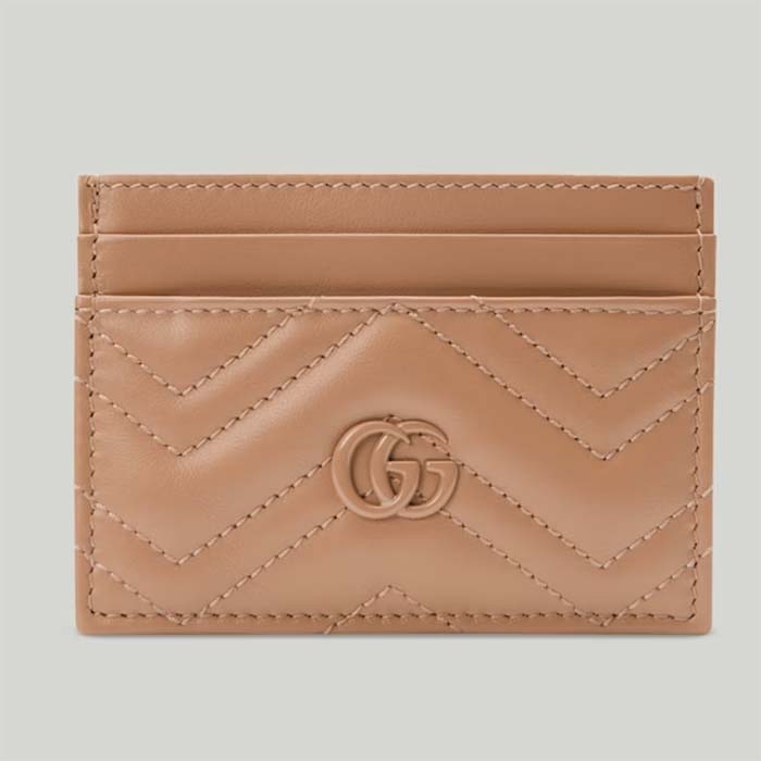 Gucci Unisex GG Marmont Matelassé Card Case Rose Beige Chevron Leather Double G